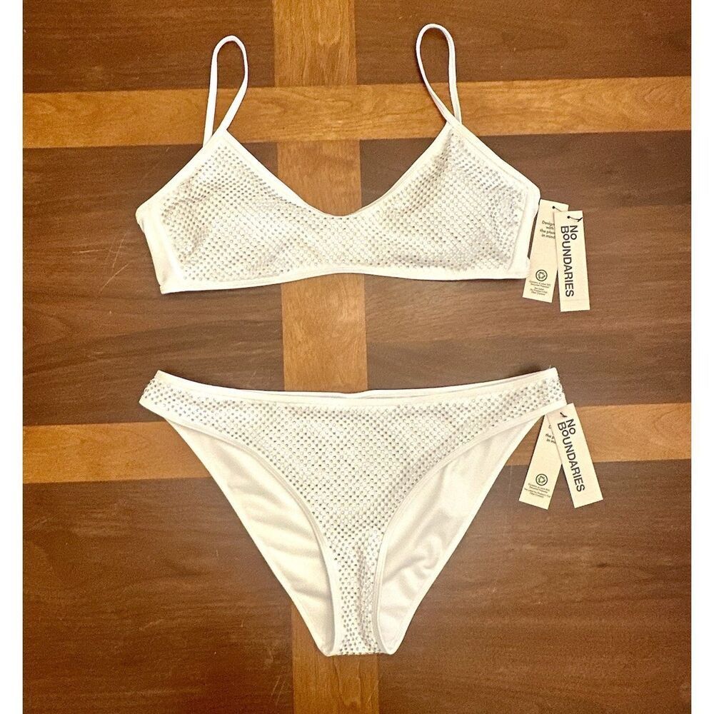 NEW No Boundaries White Faux Rhinestone Bikini Set Bralette Top & Bottoms XL NWT